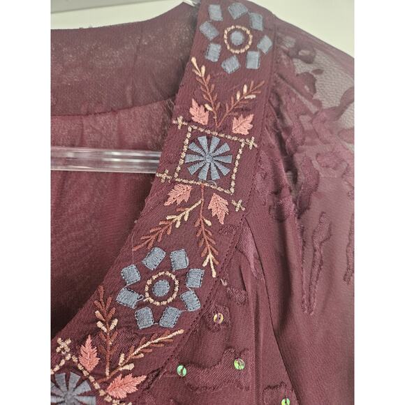 Sundance Womens SM Blouse Burgundy Embroidered Semi Sheer Drawstring Waist BOHO - Picture 6 of 12